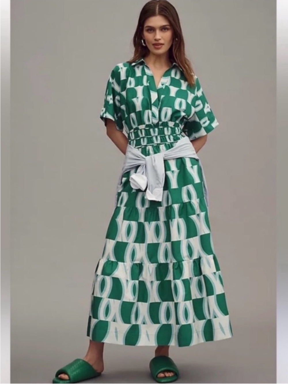Anthropologie Somerset Maxi Popover Shirt Dress Green White Geometric Print 1X
